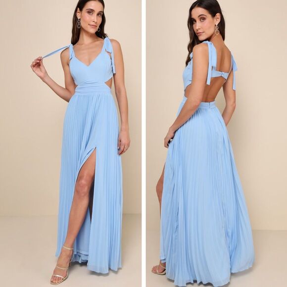 Lulus Celebratory Allure Powder Blue Pleated Backless Maxi Dress Size large NWT - Picture 1 of 9